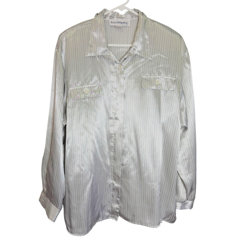 Norton McNaughton 16 Silver Pinstripe Satin Button Down Shirt Officecore 90s